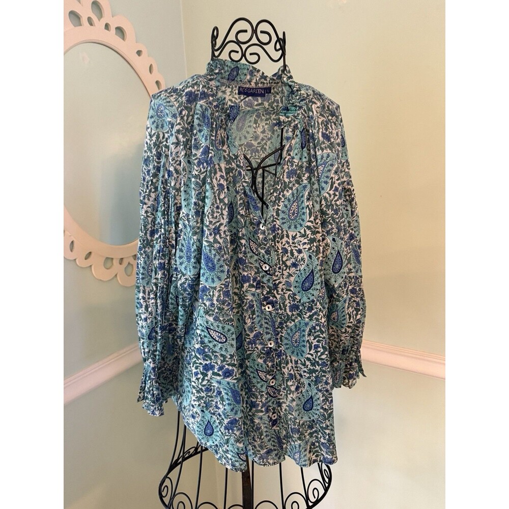 Ro's Garden 3/4 Sleeve Floral‎ Blouse Blue Cotton L Tunic Cottagecore Paisley